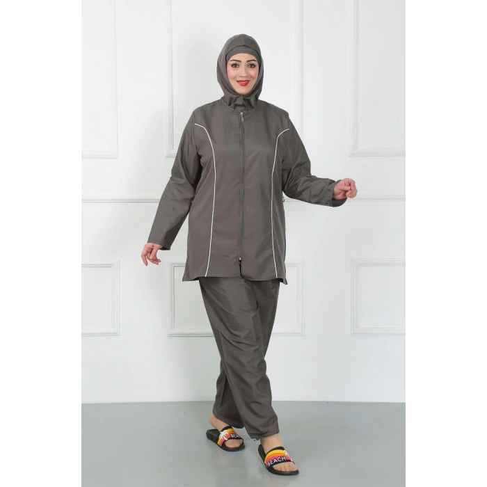 Moda Çizgi Büyük Beden Tesettür Büyük Mayo Füme 44010