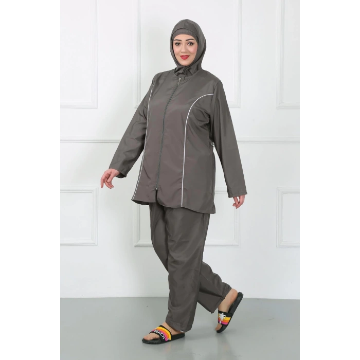 Moda Çizgi Büyük Beden Tesettür Büyük Mayo Füme 44010