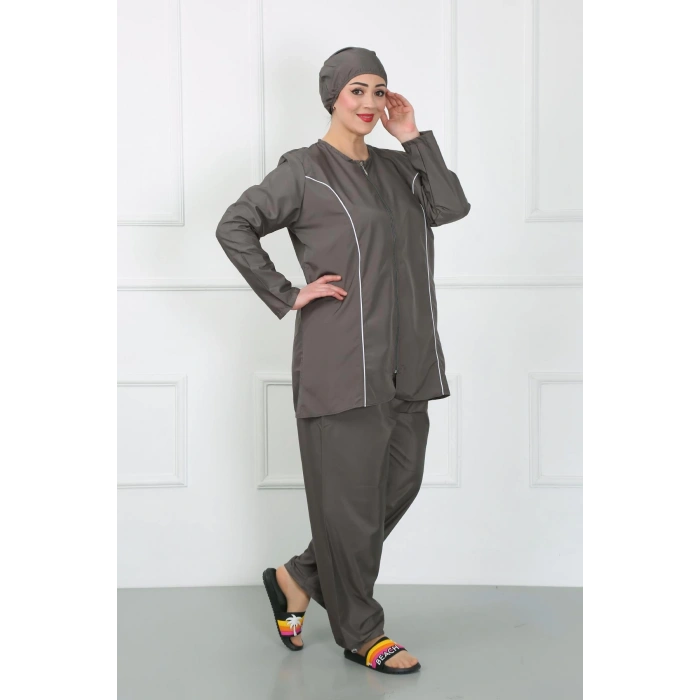 Moda Çizgi Büyük Beden Tesettür Büyük Mayo Füme 44010