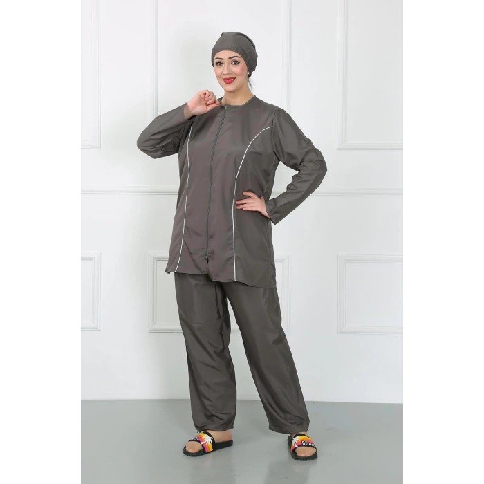 Moda Çizgi Büyük Beden Tesettür Büyük Mayo Füme 44010