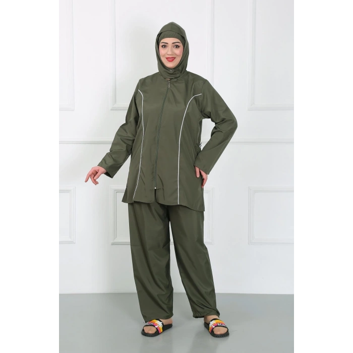 Moda Çizgi Büyük Beden Tesettür Büyük Mayo Haki 44010