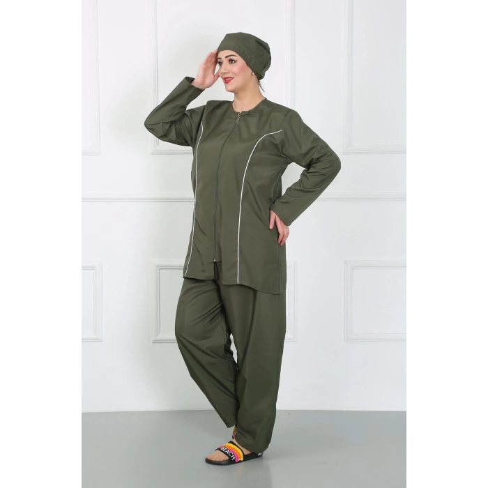 Moda Çizgi Büyük Beden Tesettür Büyük Mayo Haki 44010