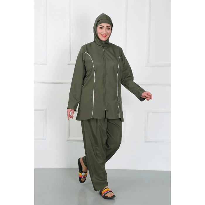 Moda Çizgi Büyük Beden Tesettür Büyük Mayo Haki 44010