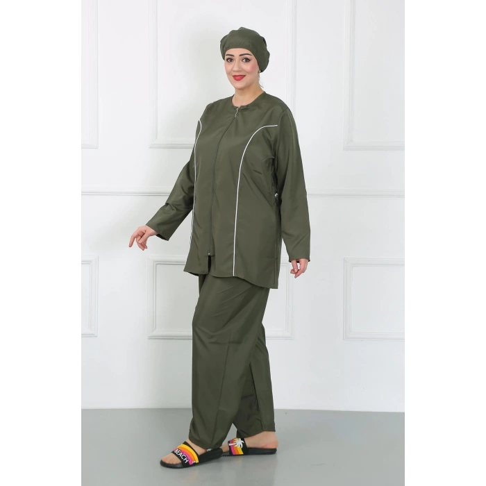 Moda Çizgi Büyük Beden Tesettür Büyük Mayo Haki 44010