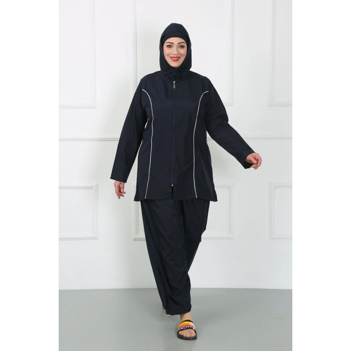 Moda Çizgi Büyük Beden Tesettür Büyük Mayo Lacivert 44010