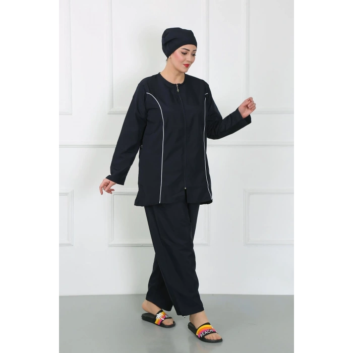 Moda Çizgi Büyük Beden Tesettür Büyük Mayo Lacivert 44010