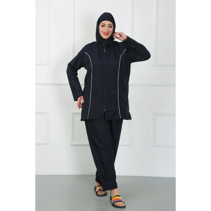Moda Çizgi Büyük Beden Tesettür Büyük Mayo Lacivert 44010