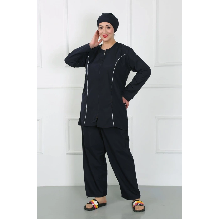 Moda Çizgi Büyük Beden Tesettür Büyük Mayo Lacivert 44010