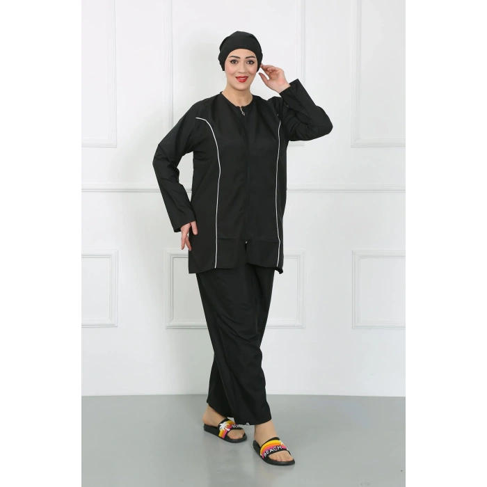 Moda Çizgi Büyük Beden Tesettür Büyük Mayo Siyah 44010