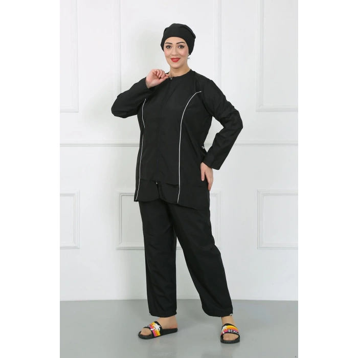 Moda Çizgi Büyük Beden Tesettür Büyük Mayo Siyah 44010