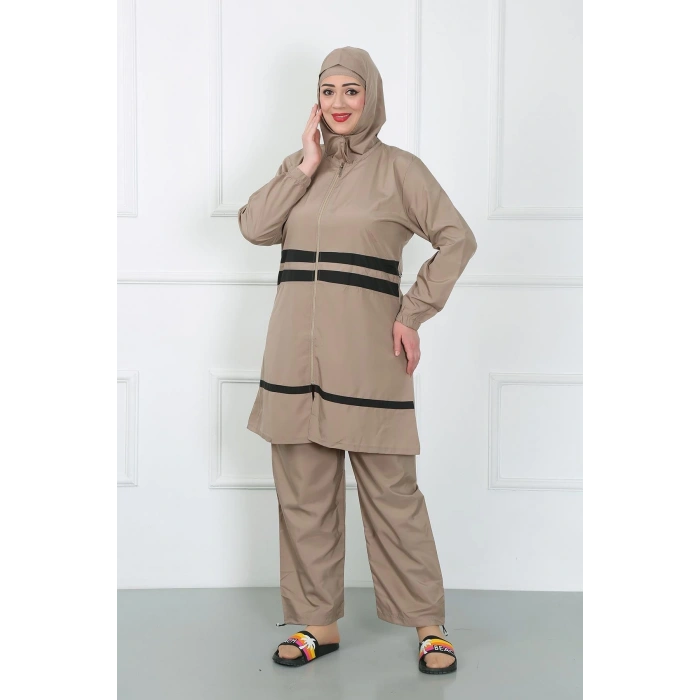 Moda Çizgi Büyük Beden Tesettür Mayo Bej 44020