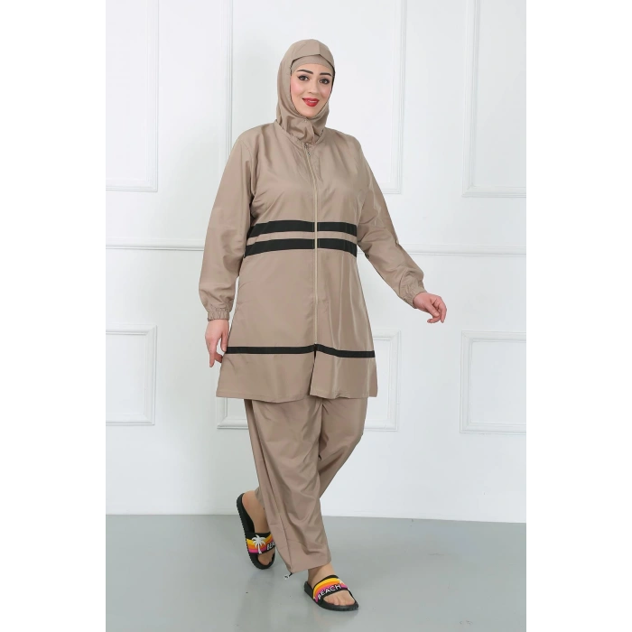 Moda Çizgi Büyük Beden Tesettür Mayo Bej 44020