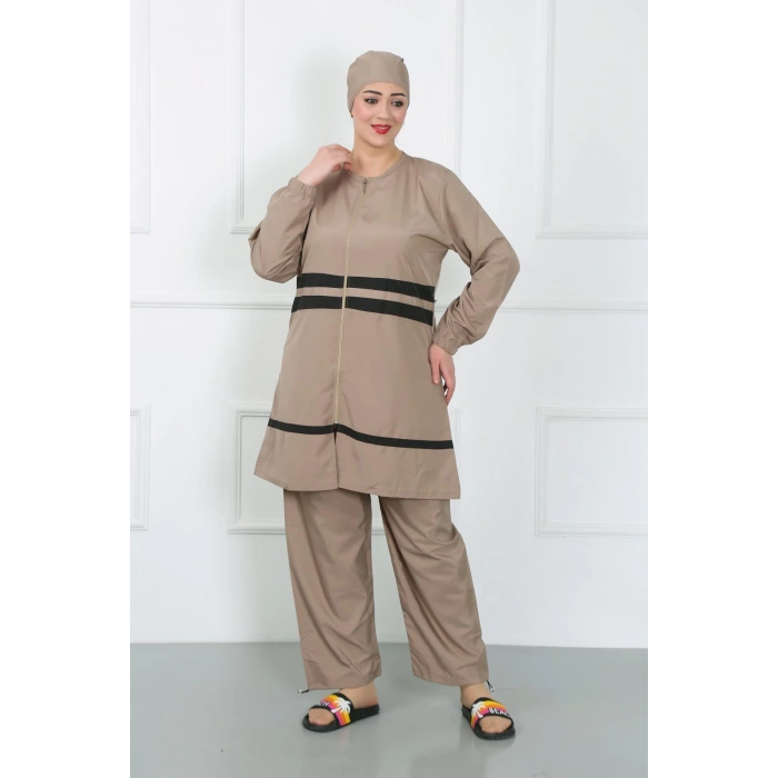 Moda Çizgi Büyük Beden Tesettür Mayo Bej 44020