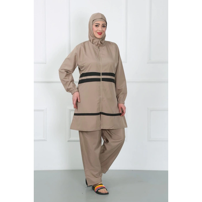 Moda Çizgi Büyük Beden Tesettür Mayo Bej 44020