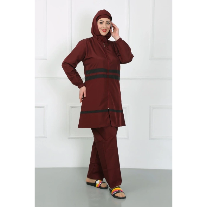 Moda Çizgi Büyük Beden Tesettür Mayo Bordo 44020