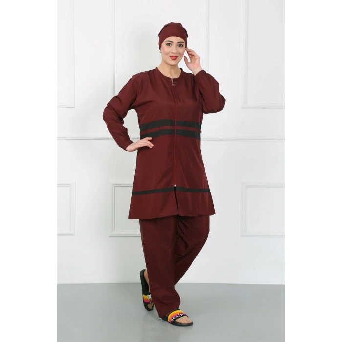 Moda Çizgi Büyük Beden Tesettür Mayo Bordo 44020