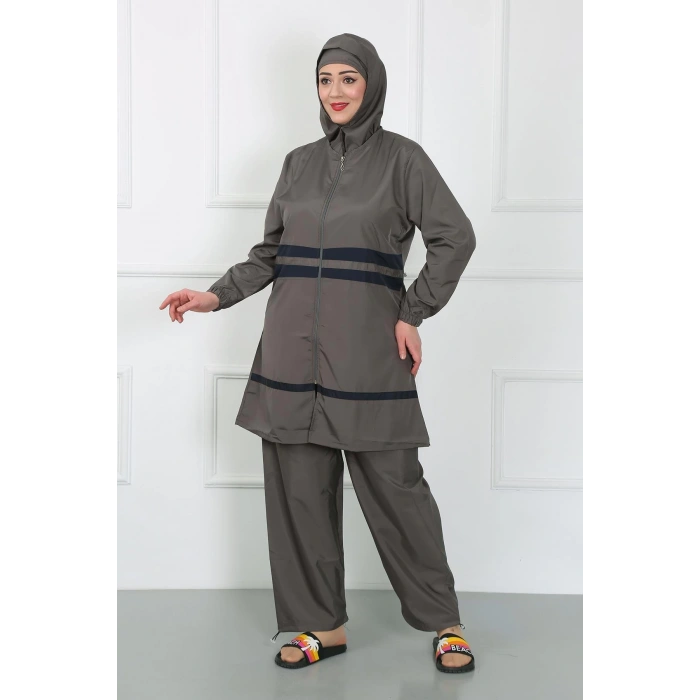 Moda Çizgi Büyük Beden Tesettür Mayo Füme 44020