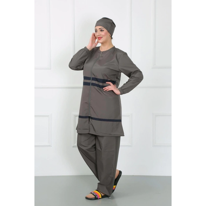 Moda Çizgi Büyük Beden Tesettür Mayo Füme 44020