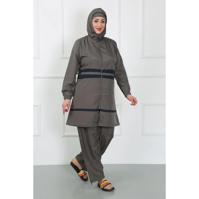 Moda Çizgi Büyük Beden Tesettür Mayo Füme 44020