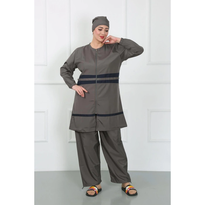 Moda Çizgi Büyük Beden Tesettür Mayo Füme 44020