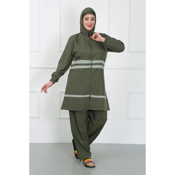 Moda Çizgi Büyük Beden Tesettür Mayo Haki 44020