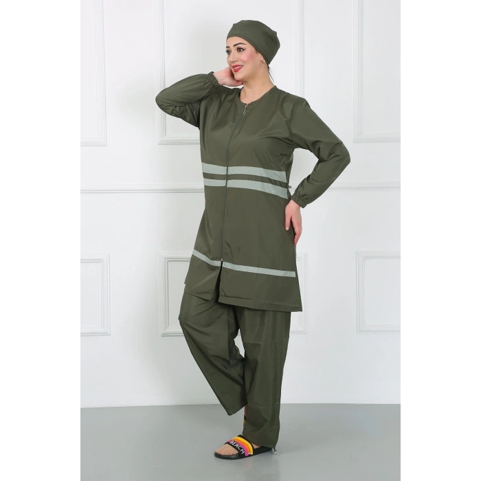 Moda Çizgi Büyük Beden Tesettür Mayo Haki 44020