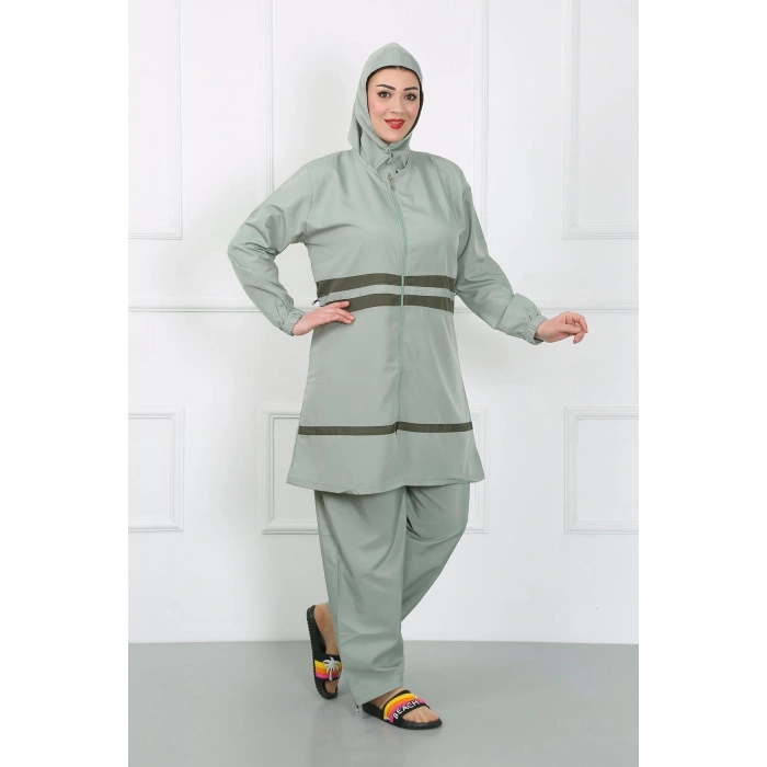Moda Çizgi Büyük Beden Tesettür Mayo Su Yeşili 44020