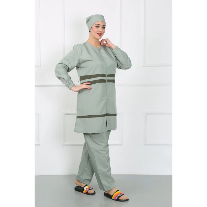 Moda Çizgi Büyük Beden Tesettür Mayo Su Yeşili 44020