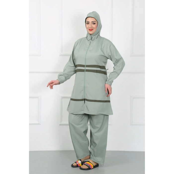 Moda Çizgi Büyük Beden Tesettür Mayo Su Yeşili 44020