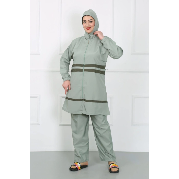 Moda Çizgi Büyük Beden Tesettür Mayo Su Yeşili 44020