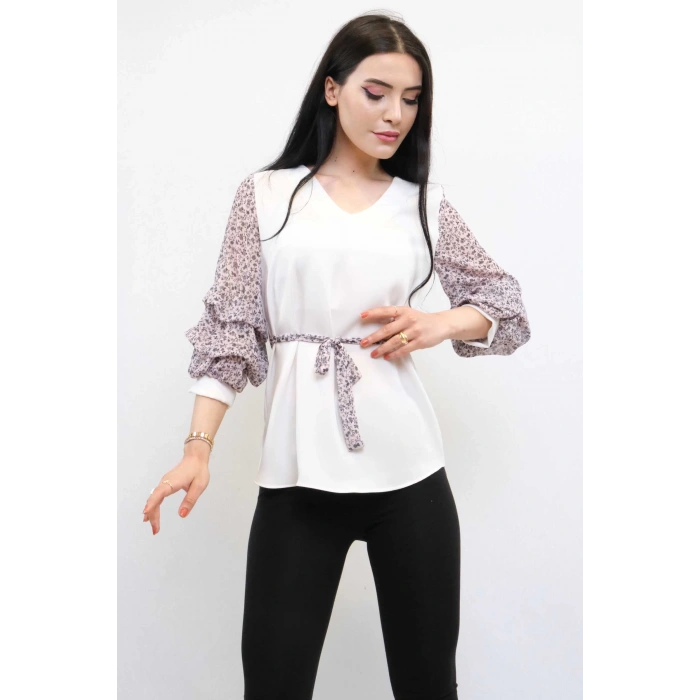 Moda Çizgi Büzgülü Şifon Kol Bluz Ekru
