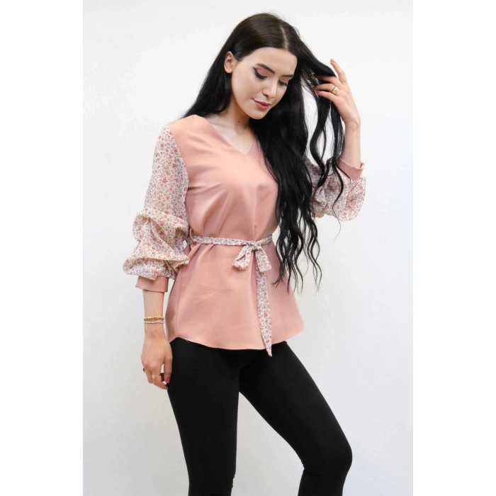 Moda Çizgi Büzgülü Şifon Kol Bluz Pudra