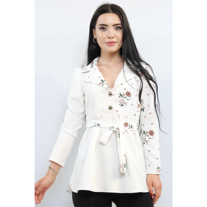 Moda Çizgi Ceket Model Bluz Ekru-Kahve