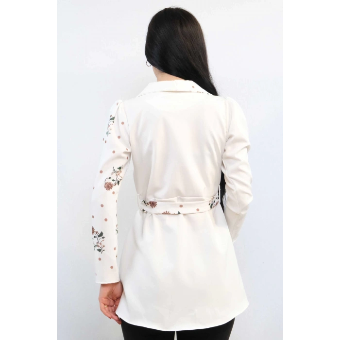 Moda Çizgi Ceket Model Bluz Ekru-Kahve