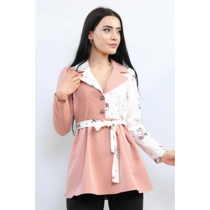 Moda Çizgi Ceket Model Bluz Pudra