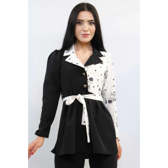 Moda Çizgi Ceket Model Bluz Siyah