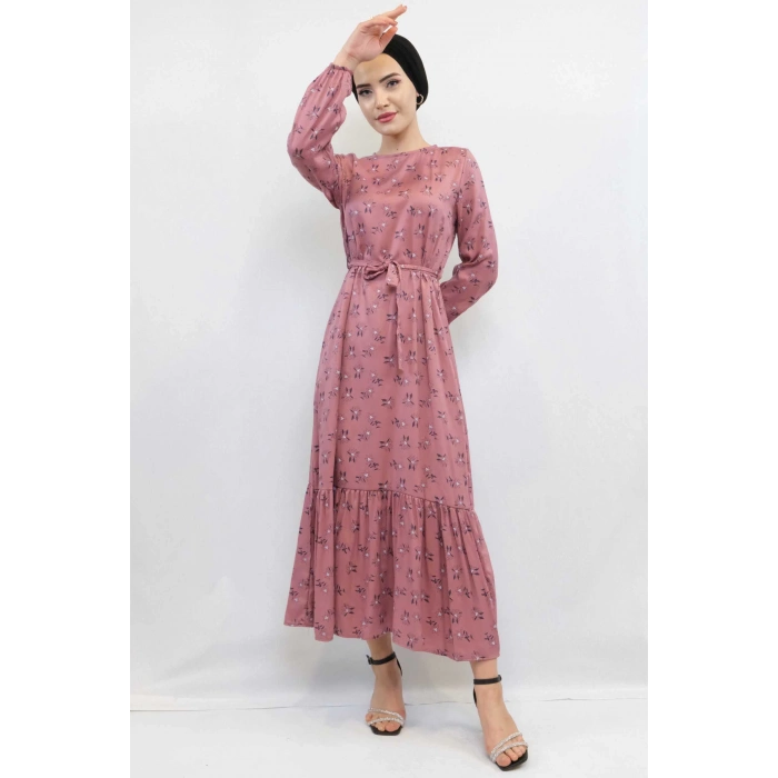 Moda Çizgi Çiçek Desenli Elbise