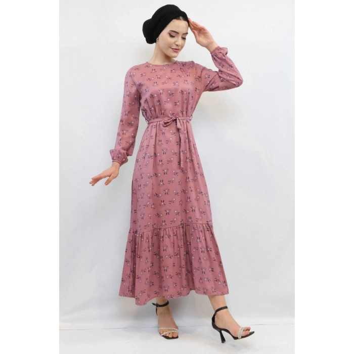 Moda Çizgi Çiçek Desenli Elbise