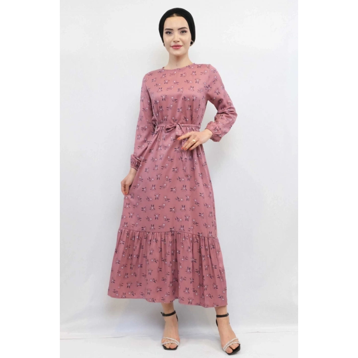 Moda Çizgi Çiçek Desenli Elbise