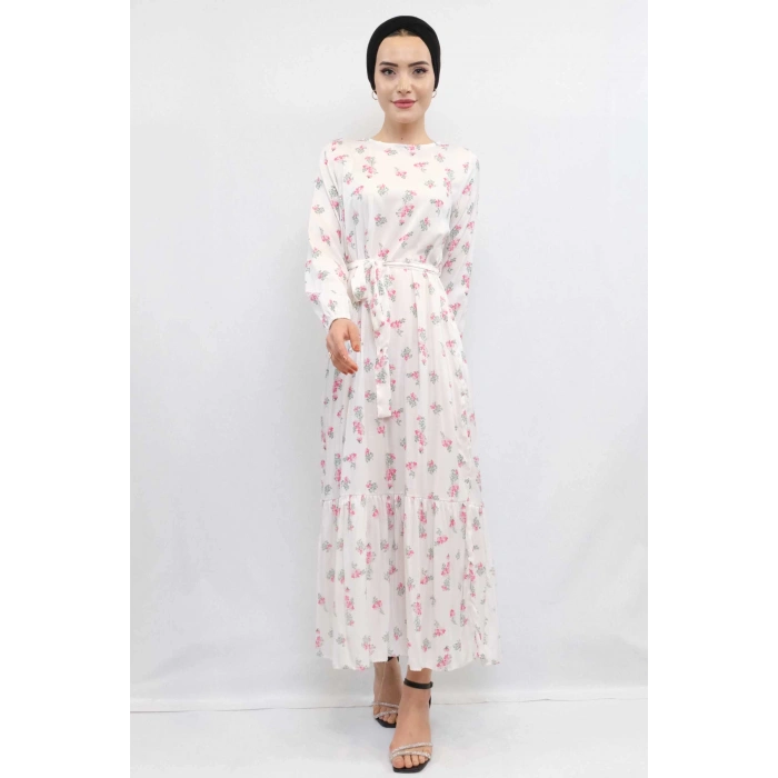Moda Çizgi Çiçek Desenli Elbise Ekru