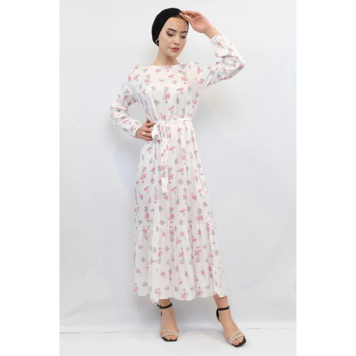Moda Çizgi Çiçek Desenli Elbise Ekru