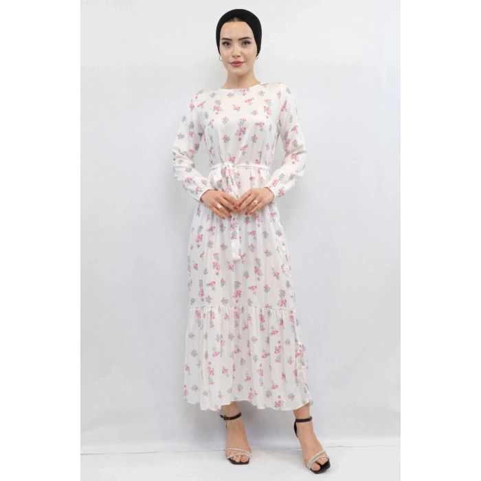 Moda Çizgi Çiçek Desenli Elbise Ekru