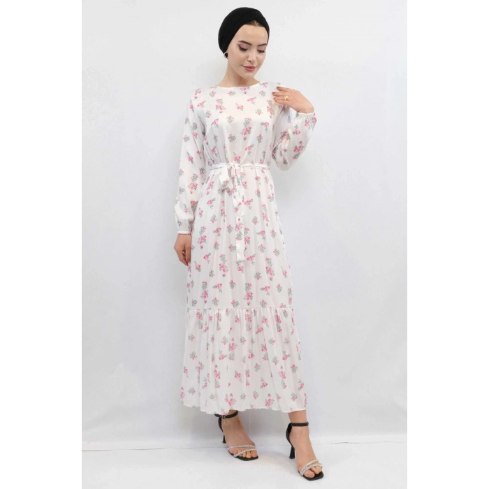 Moda Çizgi Çiçek Desenli Elbise Ekru