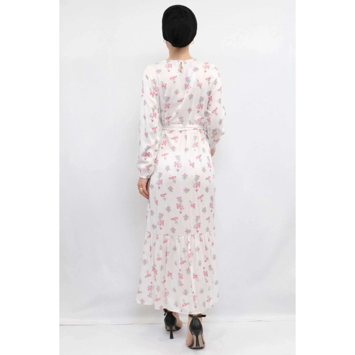 Moda Çizgi Çiçek Desenli Elbise Ekru