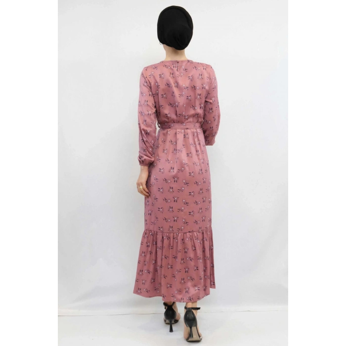 Moda Çizgi Çiçek Desenli Elbise Gül Kurusu