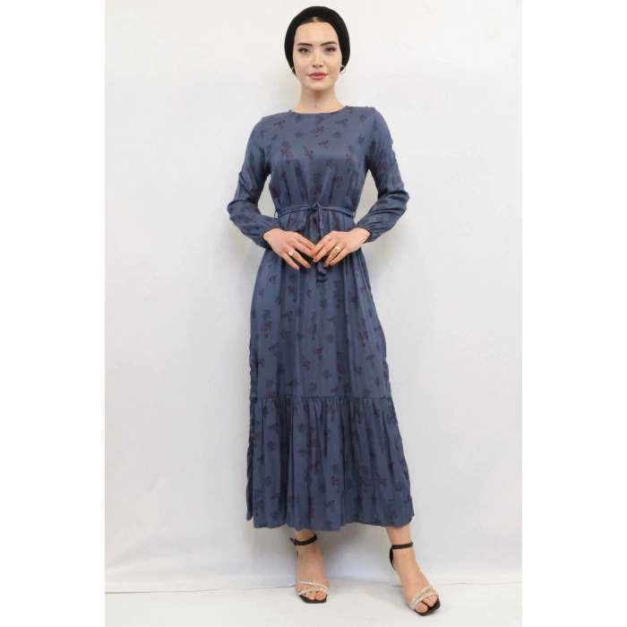 Moda Çizgi Çiçek Desenli Elbise İndigo