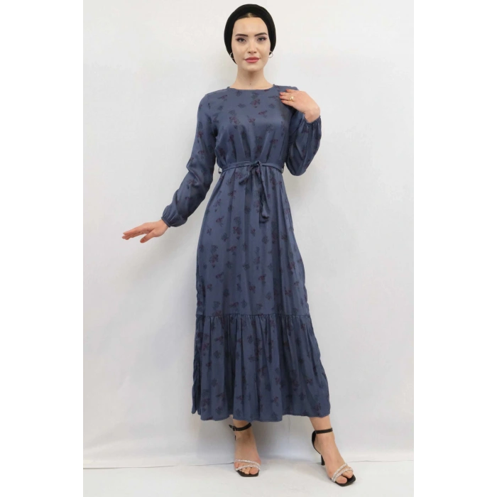 Moda Çizgi Çiçek Desenli Elbise İndigo