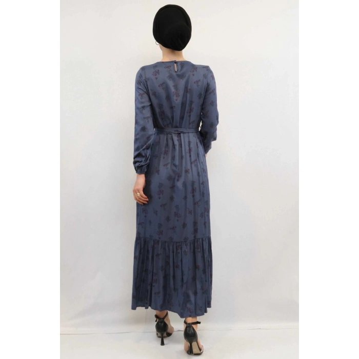 Moda Çizgi Çiçek Desenli Elbise İndigo