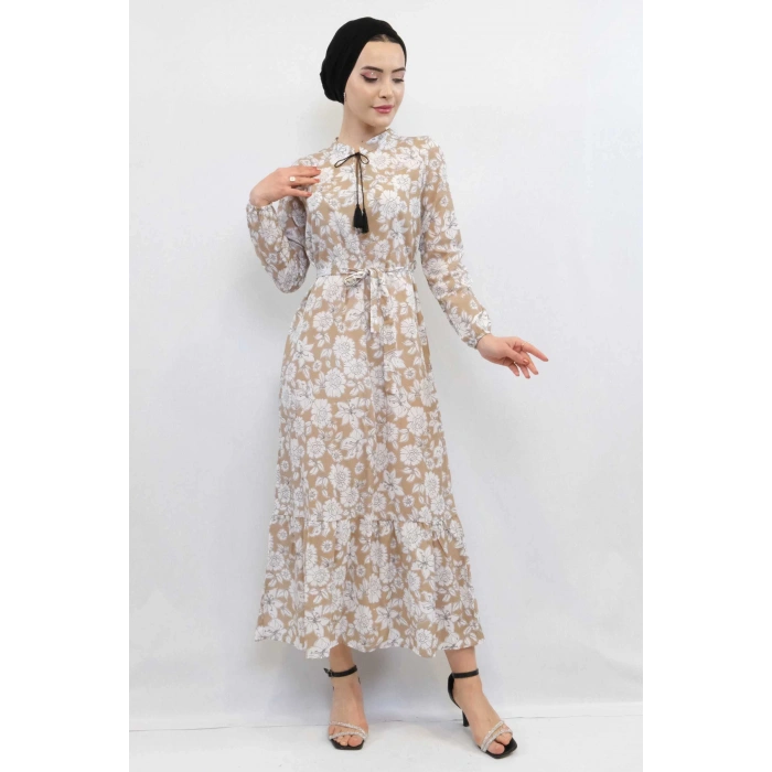 Moda Çizgi Çiçek Desenli  Pileli Elbise Bej