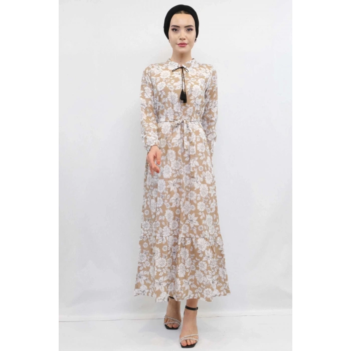 Moda Çizgi Çiçek Desenli  Pileli Elbise Bej